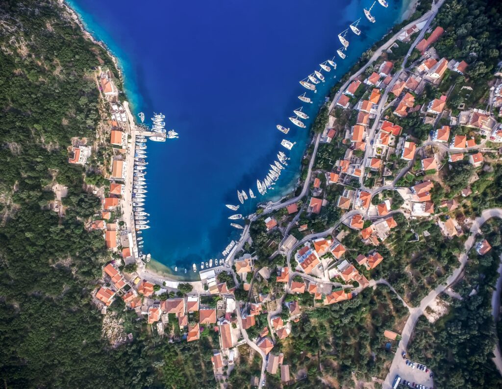 Drone photo of harbor of Kioni Ithaca