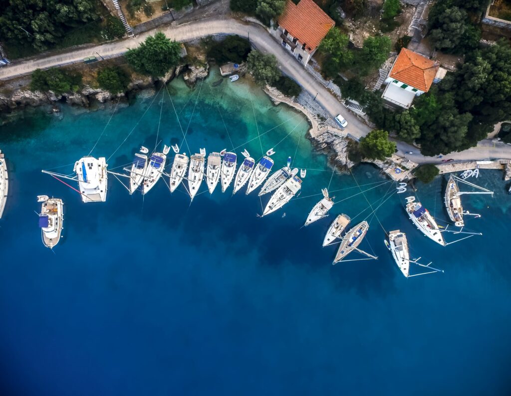 Drone photo of harbor of Kioni Ithaca 